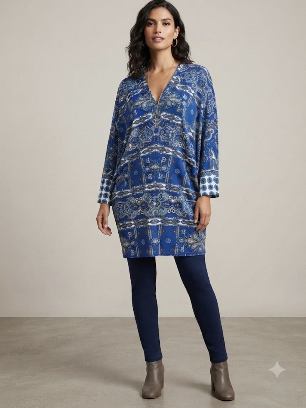 Julian Chang Suze Small Blue Paisley V-Neck Tunic Dress